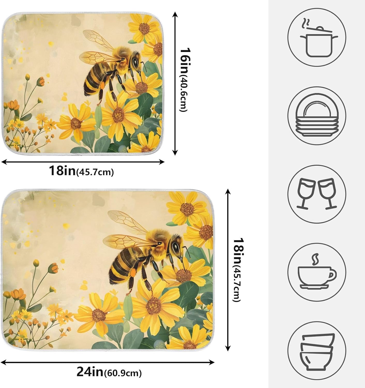 Honey Bee Dish Drying Mat for Kitchen Counter Absorbent Microfiber Large Drying Pad Yellow Flowers Leaves Dish Mats for Kitchen Countertops 18 x 24 Inch117