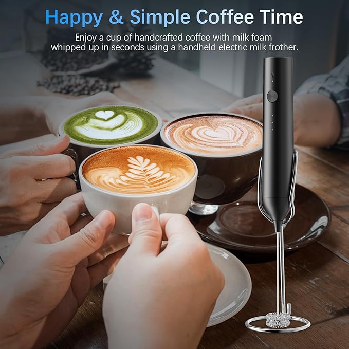 Rechargeable Milk Frother with Stand, Electric Frother Wand Handheld Coffee Foam Maker Detachable Stainless Steel Whisk Drink Mixer Foamer for Latte, Cappuccino, Hot Chocolate, Egg (Black)