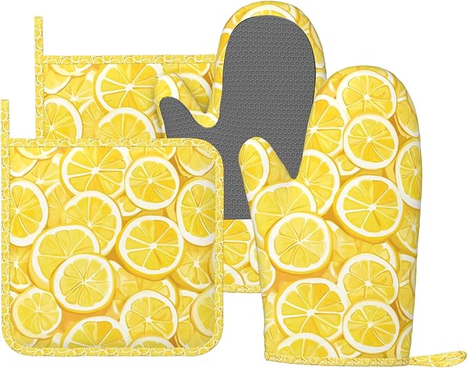 Oven Mitts and Pot Holders Lemon Watercolor Yellow Silicone Kitchen Accessories Set of 4 Heat Resistant Long Gloves Potholder Non-Slip Grip for Chef Cooking Baking Grilling BBQ