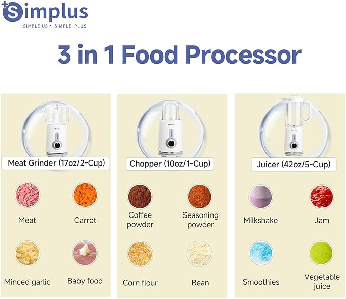 Simplus 42oz Blender for Smoothies with 2-Cup Food Processor & 1-Cup Vegetable Food Chopper, High Speed Blenders with 2 Speeds and Pulse for Puree, Nuts and Shakes