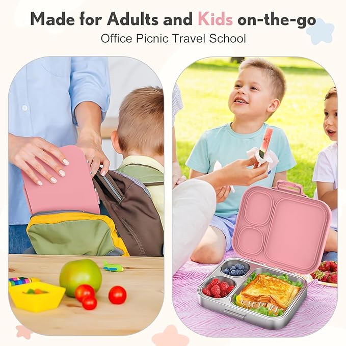 Howeemo Stainless Steel Bento Box Kids, Leak Proof Metal Bento Lunch Box,3 Compartments 304 Stainless Steel Bento Lunch Containers for School and Office, BPA-Free(Pink)