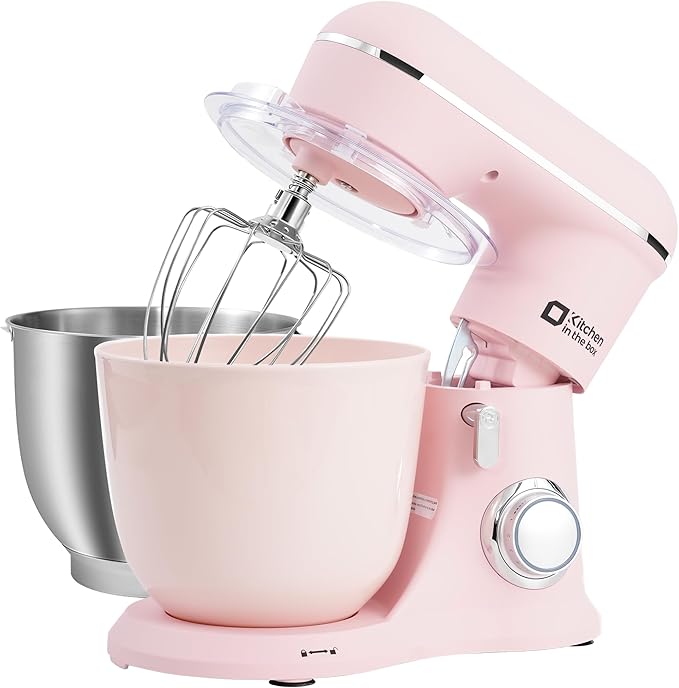 Kitchen in the box Stand Mixer, 4.5QT+5QT Two bowls Electric Food Mixer, 10 Speeds 3-IN-1 Kitchen Mixer for Daily Use with Egg Whisk,Dough Hook,Flat Beater (Rose Pink, 5QT)