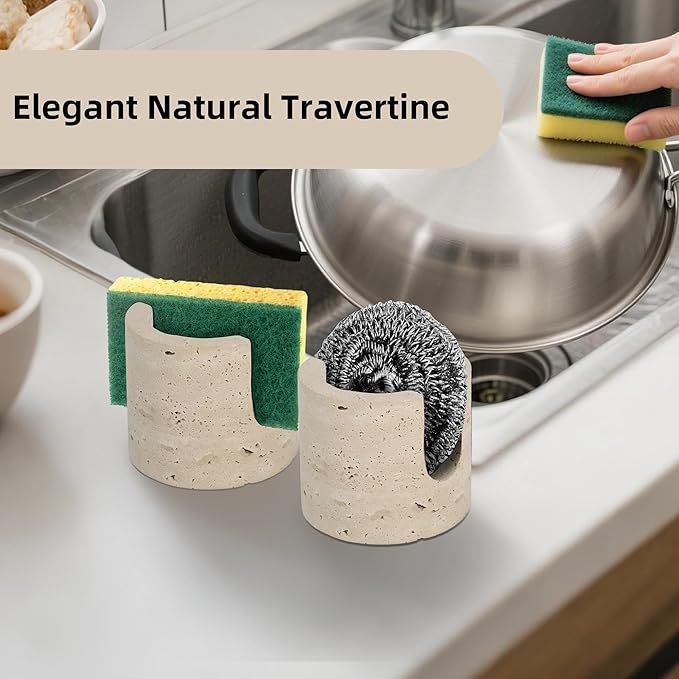 Marble Travertine Sponge Holder for Kitchen Counter,Beige Natural Stone Dish Drying Rack for Countertop,Marble Kitchen Accessories