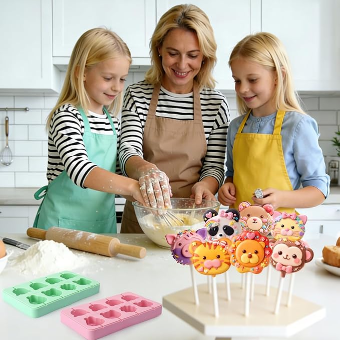Juome Cake Pop Mold Kit, 2 Pack 16 Cavities Animal Shape Cakesicle Molds Silicone with 100 Wooden Sticks&100 Packaging Bags, Cake Pop Maker Supplies Accessories, Baking Tools for Home Baking Desserts