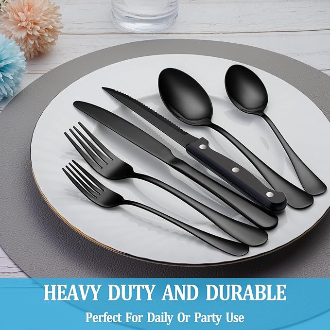 24 Pcs Black Silverware Set with Steak Knives, Stainless Steel Flatware Cutlery Set Service for 4, Kitchen Tableware Set, Utensil Set for Home and Restaurant, Knives Forks Spoon Set, Dishwasher Safe