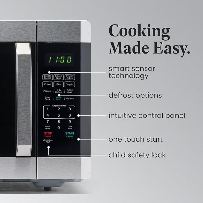 Farberware 1.6 Cu. Ft. Countertop Microwave Oven – 1100 Watts Power, Smart Sensor Auto Cook Settings, Defrost, Easy Clean and Child Safety Lock - Stainless