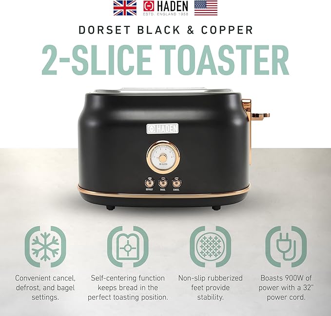 Haden Dorset 2 Slice Wide Slot Stainless Steel Toaster with Adjustable Browning Control & Non-Slip Feet, Black & Copper