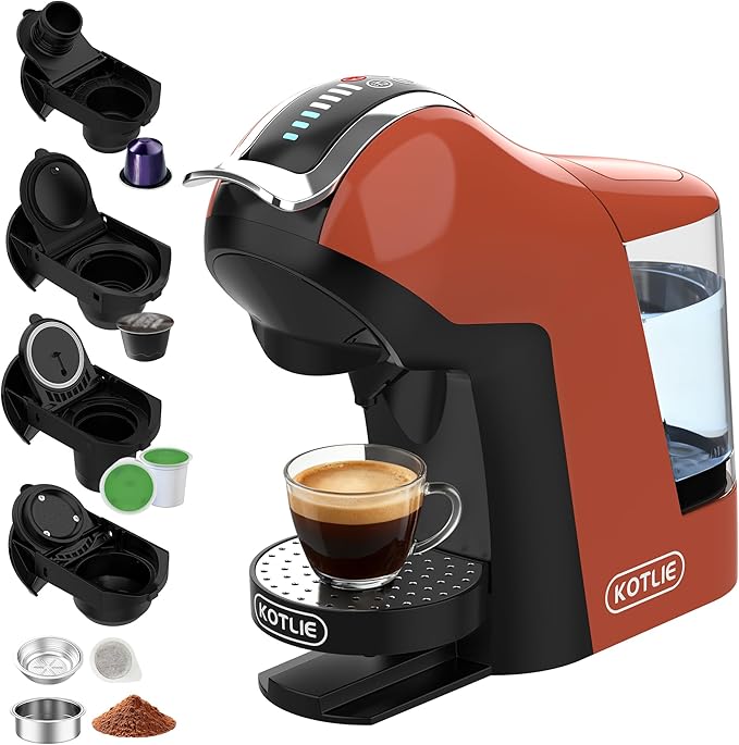 KOTLIE EM-308B Espresso Machine, Single Serve Coffee Maker Compatible with Multiple Capsule Types, Ground Coffee, and ESE Pods, 3 Temperatures, 7 Water Volume Levels, 34 Oz (Orange)