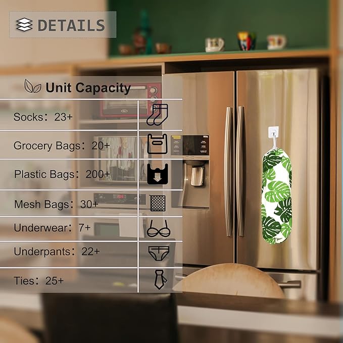 Green Wall Mount Plastic Bag Organizer - Washable Large Grocery Bag Storage Dispenser for Home Kitchen Travelling, Free Adjustment with Drawstring, 22x9