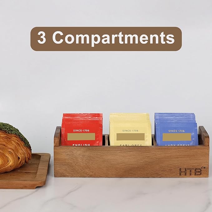 HTB Small Tea Bag Box Wooden, 3 Compartments Acacia Wood Tea Bag Chest with Handle, Mini Countertop Divided Storage Container for Beverage Supplies, Sugar, Sweeteners, Individual Packets