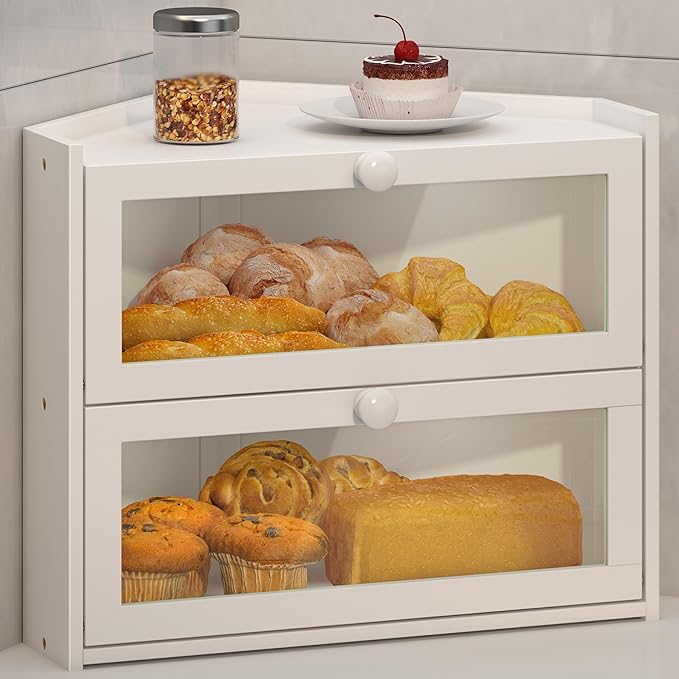 JANSNIMEN Corner Bread Box for Kitchen Countertop, Large Bread Container Storage Bamboo Wooden Farmhouse Bread Box with Window Bread Holder (White)