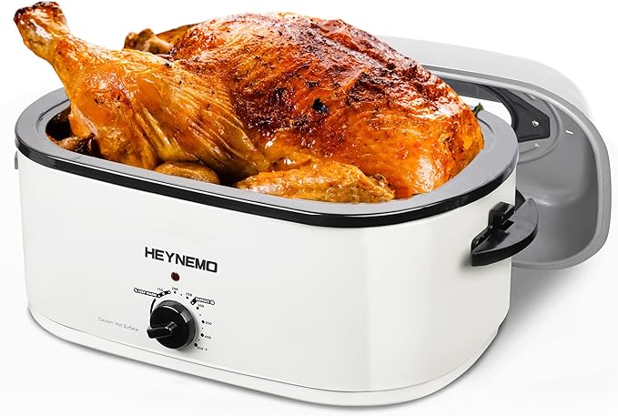26Qt Turkey Roaster Oven Buffet with Self-Basting Lid, 1450W Stainless Steel Electric Roaster Oven with Cool-Touch Handles, Removable Pan and Rack, White