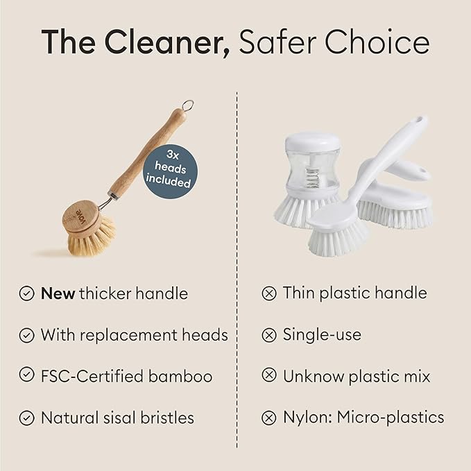 Vove Bamboo Dish Brush, FSC-Certified - Includes 3 Replacement Heads - Natural Fiber Bristles - Non-Toxic, Plastic-Free - Scrub Brush for Pots, Pans & Dishes