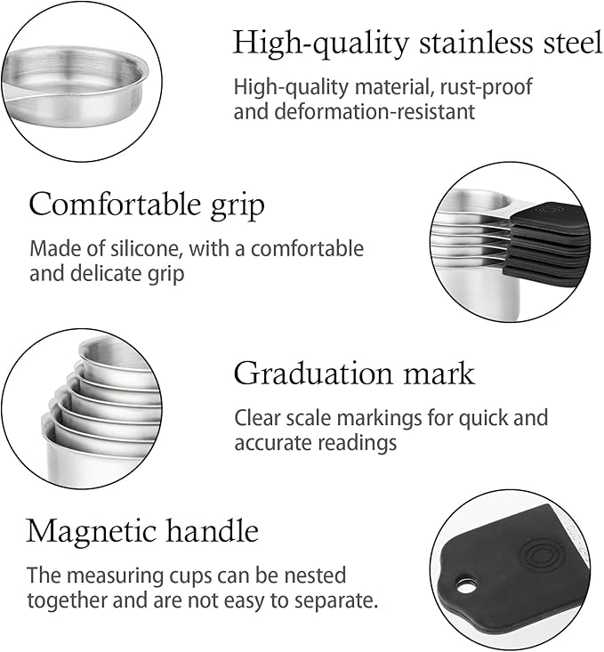 Magnetic Measuring Cups and Spoons Set, Including 7 Stainless Steel Nesting Measuring Cups and 5 Magnetic Measuring Spoons for Cooking & Baking (Black)