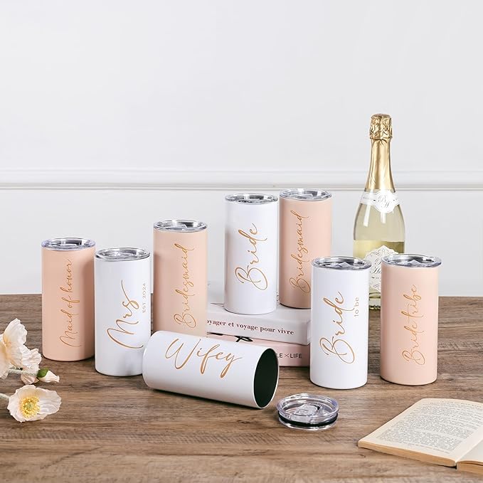 Bride Tribe Gifts Set of 4 Cups Bachelorette Party Favors Wedding Gifts for Bridesmaid Bride Stainless Steel Skinny Tumbler with Lid and Straw 15 OZ Pink