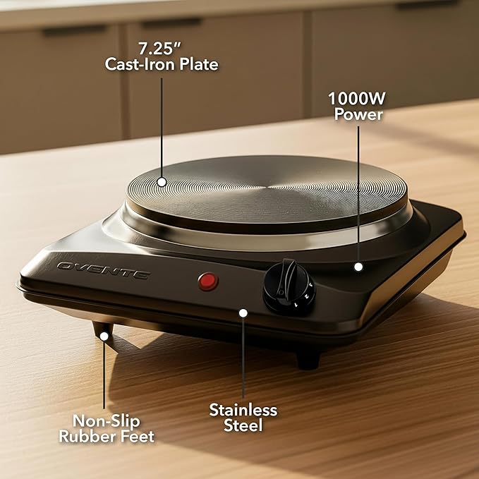 OVENTE Electric Countertop Single Burner, 1000W Cooktop with 7.25 Inch Cast Iron Hot Plate, 5 Level Temperature Control, Compact Cooking Stove and Easy to Clean Stainless Steel Base, Black BGS101B
