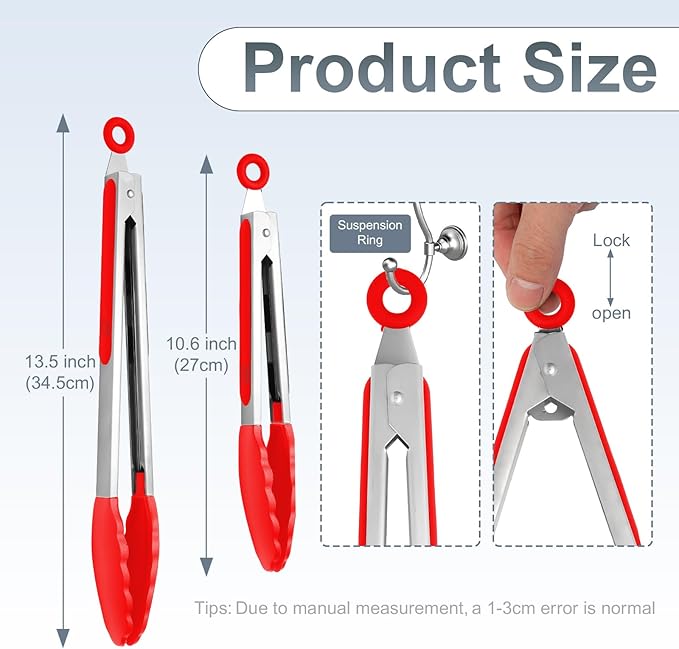 Premium Stainless Steel Heat Resistant Kitchen Tongs for cooking,set of 9" and 12" (Red),Non Scratch Silicone cooking Tong Tip for Cooking Pans,Strong Grip BBQ tongs for Grabbing Hot Food
