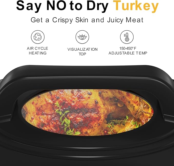 RoyalCraft 22-Quart Electric Roaster Oven with Visible Self-Basting Lid, Turkey Roaster Oven with Removable Pan and Rack, Perfect for Large Meals and Holiday Feasts, Silver