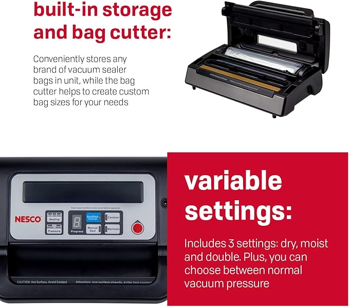 Nesco Deluxe Food VS-12 Vacuum Sealer, 130 Watts, Kit Bags & Viewing Lid, Compact, Silver