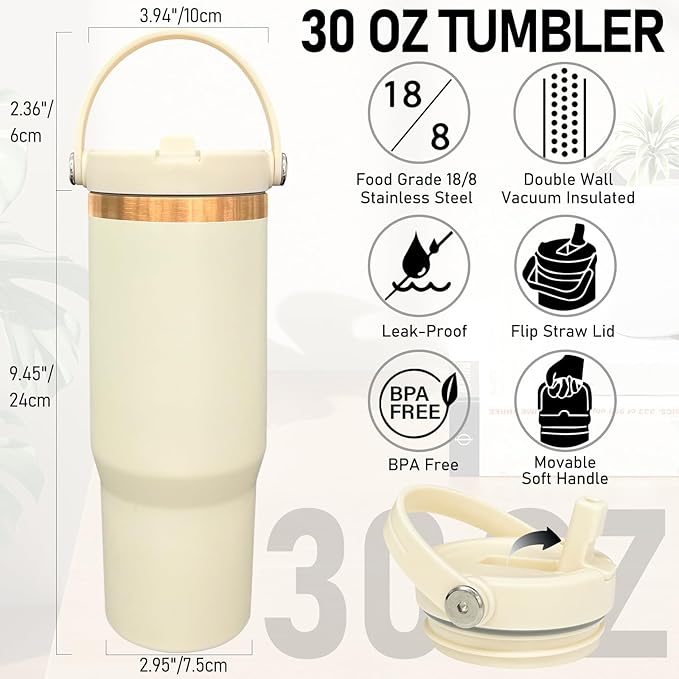 30 oz Tumbler Bulk with Handle and Straw, Vacuum Insulated Tumblers with Flip Straw and Top Handle, Leakproof Powder Coated Tumbler, Stainless Steel Travel Mug for Coffee Water (Cream, 4 Pack)