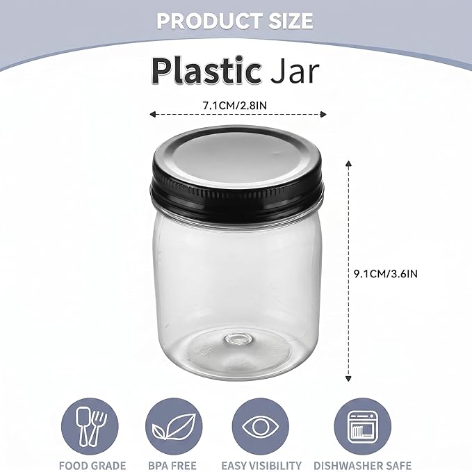 novelinks 8 oz Clear Plastic Jars with Airtight Lids, 32 Pack Plastic Mason Jars with Lids 8oz, Refillable Storage Slime Containers & Small Spice Jar for Kitchen Organization (32 Pack,Black)