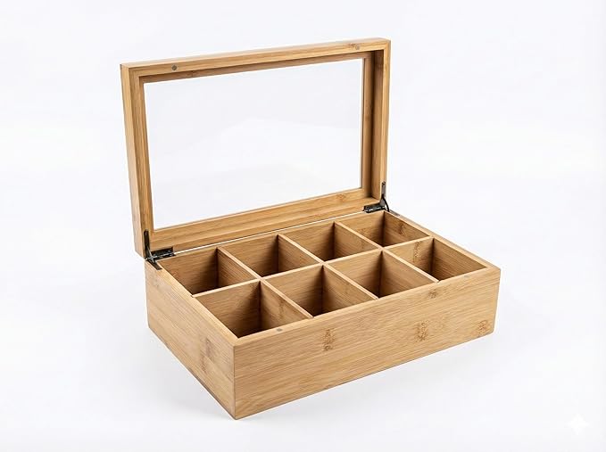 Acacia Wood and Bamboo Tea Bag Organizer - 4 & 8 Compartment Tea Box for Countertop - Tea Station & Coffee Bar Accessories - Fits Large & Craft Tea Bags (Bamboo, 8 Compartment)