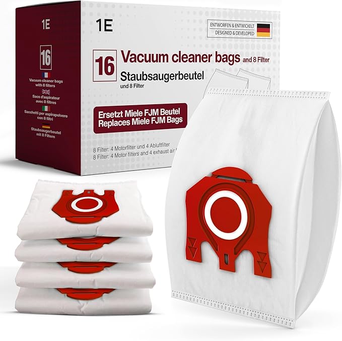 16 Vacuum Bags [Replaces Miele FJM] – Compatible with Miele [Complete C1, Compact C1 & C2 Series] – incl. 4 Motor & Exhaust Filters – [S6000, S4000, S700, S500, S300] – Replaces 9917710 & 10224410