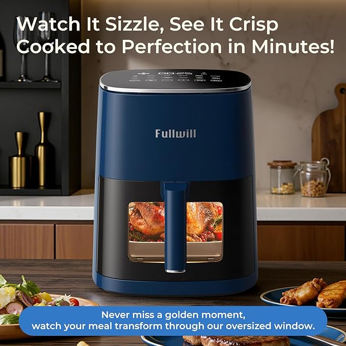 Fullwill 6QT Air Fryer with Viewing Window,12-in-1 Multi-Function Air Fry,Roast,Bake, Dehydrate, Fries,Nonstick and Dishwasher-Safe Basket,Family&friends Party,Max 400℉ Crisping 1700W,Blue