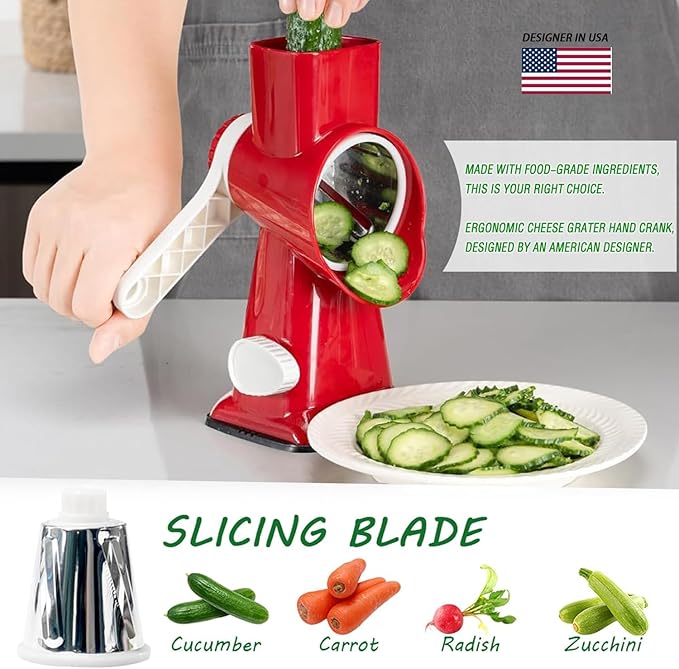 Cheese Grater with Handle, Multifunctional Manual Rotary Cheese Grater - Cheese Shredder Easily Chop Carrots, Potatoes, Vegetables and Fruits and Easy to Clean(red)