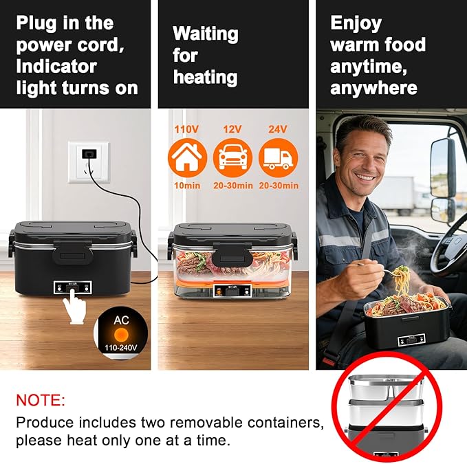 IFENROL Electric Heated Lunch Box for Adults, 100W 3-IN-1 2 Pack 1.8L Containers Heating Lunch Box for Men Portable Double Layer, Fast Heated Food Warmer,12V/24V/110V for Car Truck Office Home