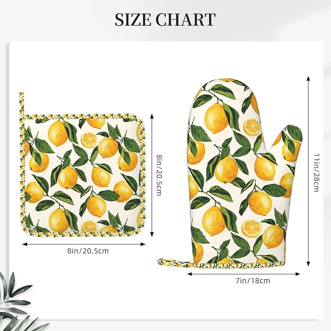 Oven Mitts and Pot Holders Set, Lemon Fruit Watercolor Silicone Kitchen Accessories 4 Piece Heat Resistant Long Gloves Potholder Non-Slip Grip for Chef Cooking Baking Grilling BBQ