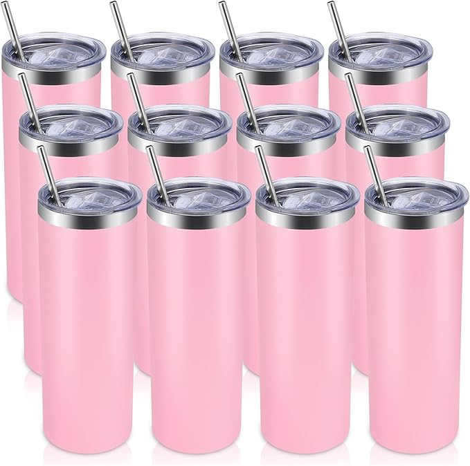 Volhoply 12 Pack Skinny Tumblers with Lid and Straw, 20oz Stainless Steel Straight Tumbler Bulk, Vacuum Insulated Coffee Mug for Home, Office, Travel, DIY (Pink,12 Pack)