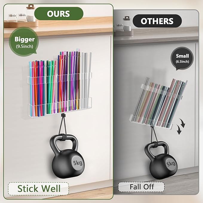 Acrylic Straw Holder for Cabinet Door - Reusable Tumbler Straw Organizer Storage, Small Kitchen Accessories Container, Ultra Sticky Cupboard Door Mounted (Transparent, Large 9.5" (Most Cabinets))