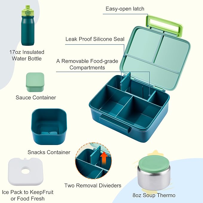 Bento Lunch Box for Kids with 8oz Soup Thermo, Leak-proof Lunch Food Containers with 5 Compartment, Insulated Lunch Bag & 17oz Stainless Steel Water Bottle for School, Trvael