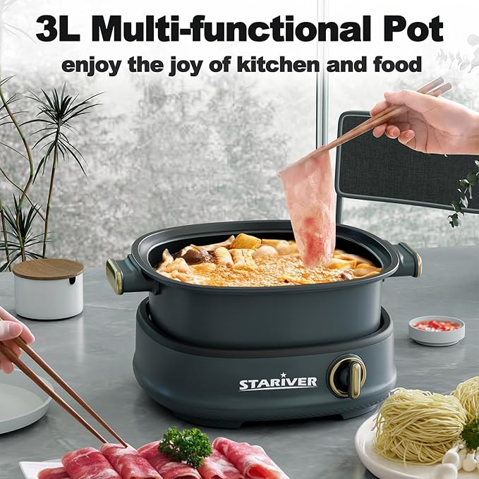 Stariver 3L Non-Stick Hot Pot Electric with Dual-Power Control,Electric Shabu Shabu Pot with Removable Pot, Electric Pot with Tempered Glass Lid for Party, Family Gathering（Silver）