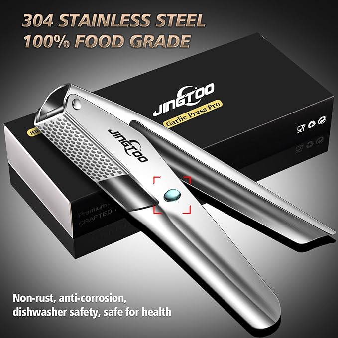 Garlic Press Stainless Steel, Premium Garlic Mincer - 5 Years Warranty - No Need to Peel Garlic Crusher, Ginger Masher & Presser Large Trough Ergonomic Handle, Easy Squeeze，Dishwasher Safe