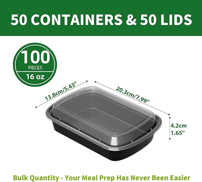 Meal Prep Containers, 50 Pack 16oz (100-Piece) Disposable Take Out Food Storage Containers with Leakproof Lids, Reusable Plastic To Go Lunch Boxes, BPA Free, Microwave/Dishwasher/Freezer Safe