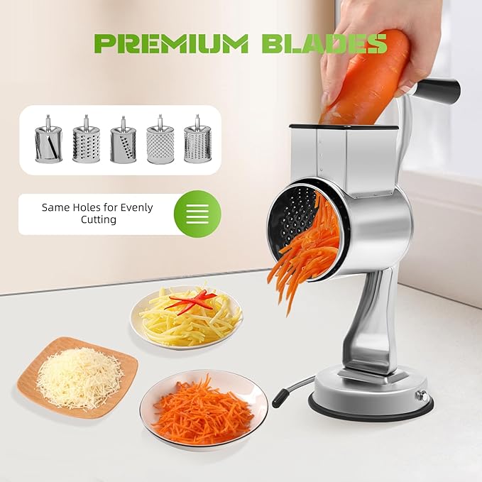 Rotary Cheese Grater Vegetable Potato Slicer Upgrade Stainless steel Rotary Handheld Grater Food Grater with 5 Blades for Vegetable Chesse Chocolate