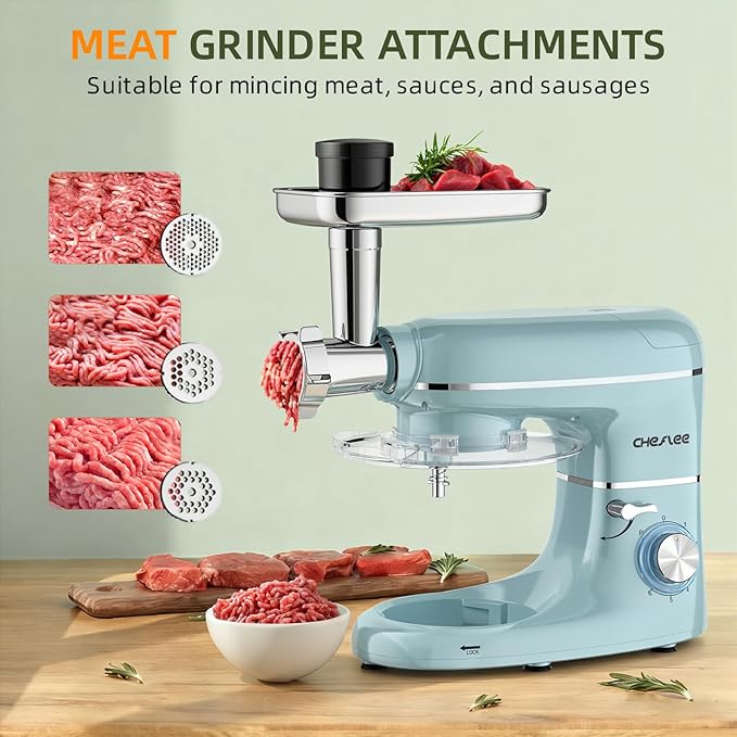 CHeflee Multifunctional Stand Mixer,660W, 6.5QT With Meat Grinder, Vegetable Slicer &1.5L Juice Blender,for Most Home Cooks,Blue