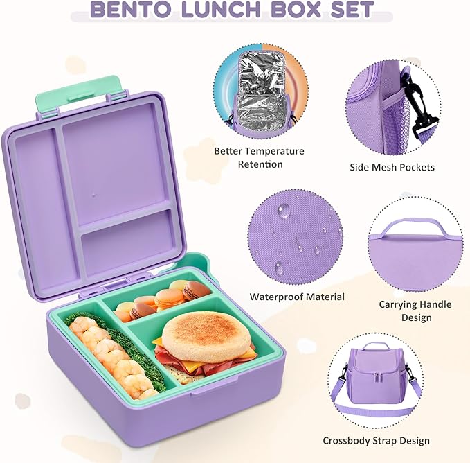 Pawtong Lunch Box Set with Bento Box Container, 17OZ Stainless Steel Food Soup Thermo, Kids Water Bottle & Portable Insulated Lunch Bag – Leakproof, Hot/Cold Retention for School, Travel (Purple)