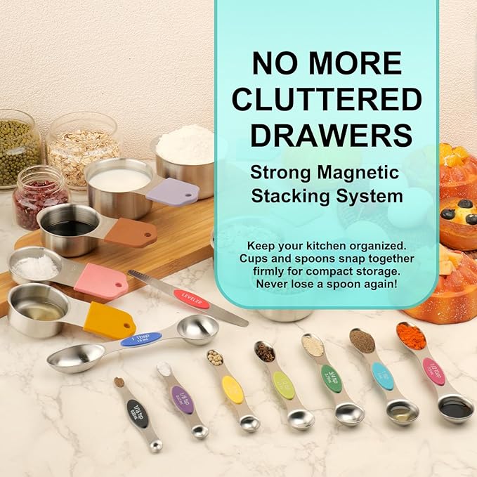 Magnetic Measuring Cups and Spoons Set of 16, 7 Stainless Steel Measuring Cups, 8 Double-Sided Measuring Spoons with 1 Leveler, Color Coded Handles, Dual Markings for Dry and Liquid Ingredients
