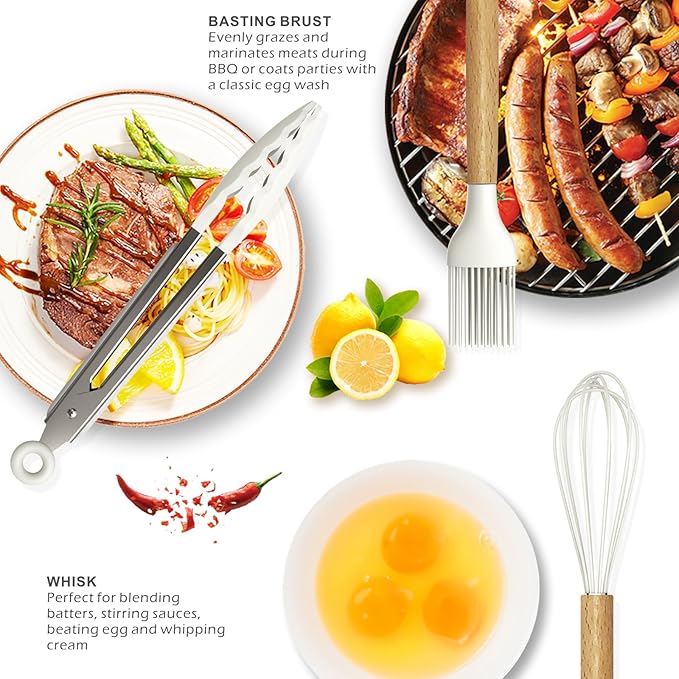 oannao Silicone Cooking Utensils Set - 446°F Heat Resistant Silicone Kitchen Utensils for Cooking,Kitchen Utensil Spatula Set w Wooden Handles and Holder for Non-Stick Cookware (Cream White)