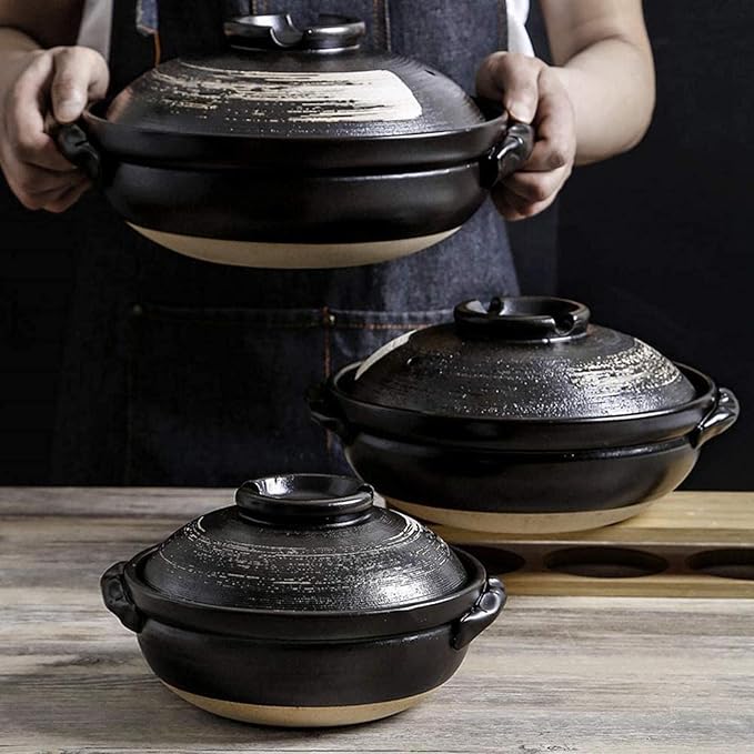 Round Casserole Dish Heat-Resistant Ceramic Casserole With Lid Soup Pot With Soup Pot Oil-Free Saucepan Japanese Donabe Hot Pot With Brushstroke Saucepan With Slow Stew W,B-0.9L