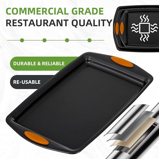 5-Piece Nonstick Baking Pans Set - Premium Carbon Steel Bakeware with PFOA/PFOS/PTFE-Free Coating, Red Silicone Handles (Black Orange)