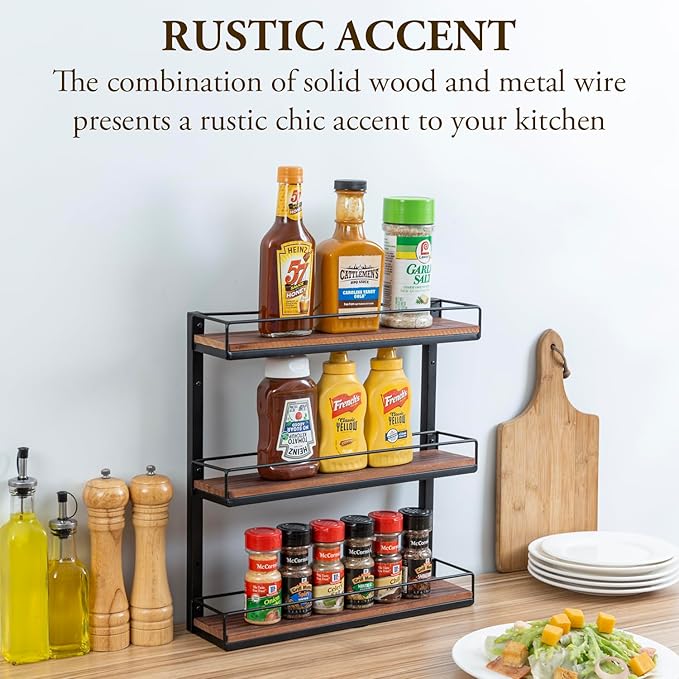 MyGift 3 Tier Wall Mounted Spice Rack, Black Metal and Burnt Solid Wood Kitchen Hanging Seasoning Shaker Spice Jar Condiment Bottle Shelf Pantry Organizer