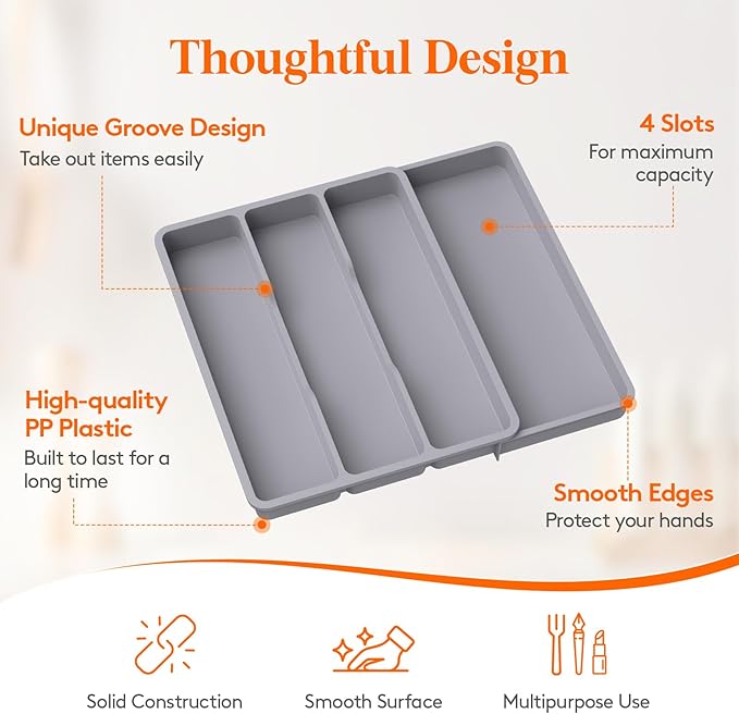 Lifewit Utensil Organizer for Kitchen Drawer, Expandable Cooking Silverware Tray, Adjustable Cutlery Flatware Holder, Plastic Spatula Tools Storage Divider, 17.3 x 15.8", Gray