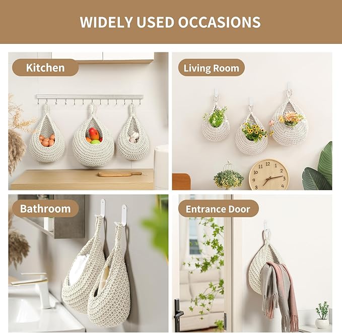 Boho Wall Hanging Fruit Baskets for Kitchen 3 Pack Woven Produce Holder with 6 Pcs Strong Hooks Vegetable Hanging Basket for Organizing Teardrop Home Wall Potato Onion Storage, White