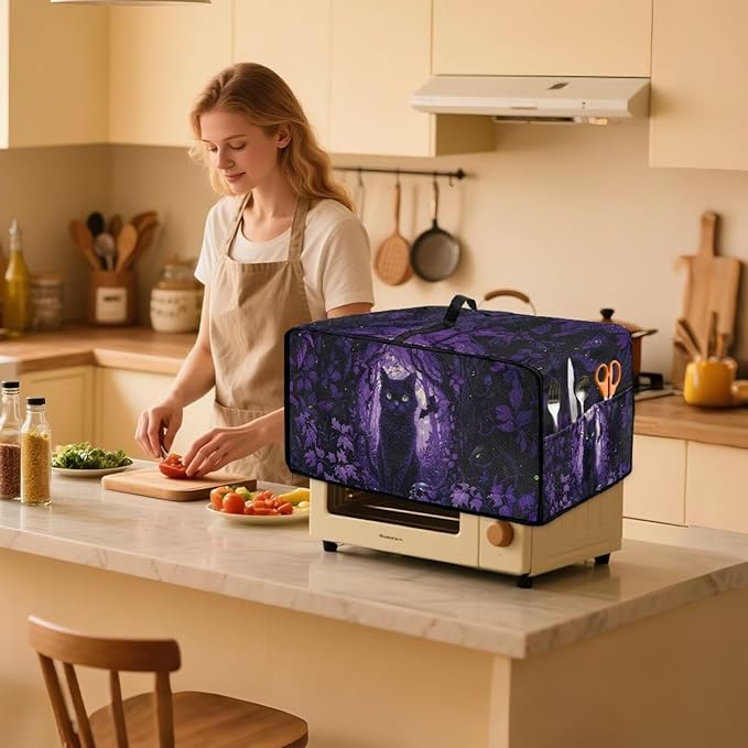 Countertop Convection Oven Cover Decorative and Protective Air Fryer Toaster Oven Dust Cover for Home Kitchen Indoor Decor, L, Black Cat Skull Bat Violet Forest Halloween
