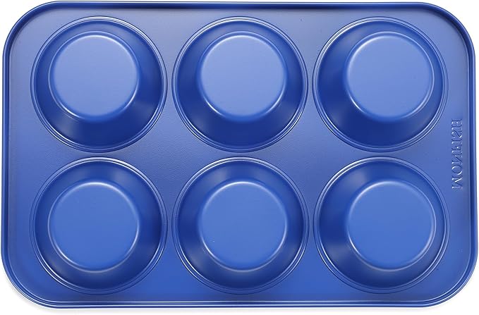 Monfish Muffin Pan 6 Jumbo Cup Carbon Steel Haze Blue non Stick Coating Muffin cupcake Tin 3.5inch cup Roy blue