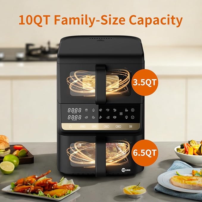 10L Double Stack Air Fryer, Dual Basket Vertical Air Fryer with 10-in-1 Presets, Bake/Roast/Dehydrate, SYNC & DUAL Cooking Modes, Double View Window, Black